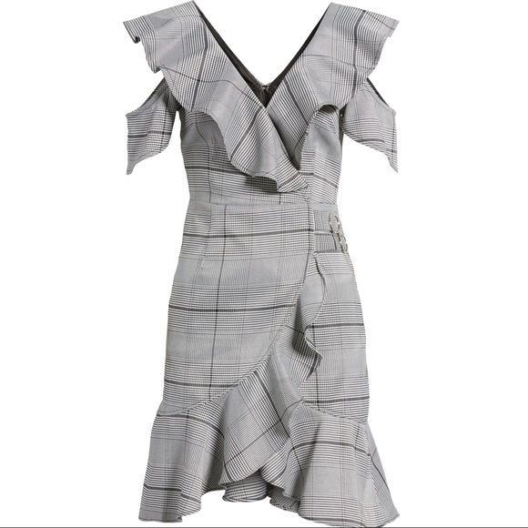 NEW J.O.A. COLD-SHOULDER RUFFLE PLAID MINI DRESS - Picture 9 of 10